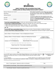 Document preview: Direct Deposit Pre-authorization Form - New Brunswick, Canada (English/French)