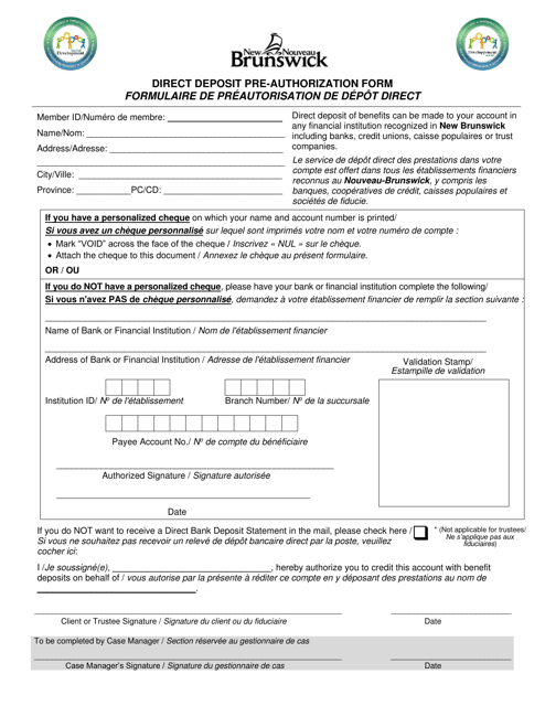 Direct Deposit Pre-authorization Form - New Brunswick, Canada (English/French)