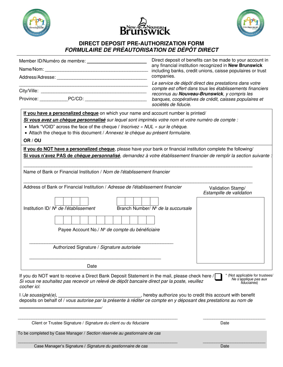Direct Deposit Pre-authorization Form - New Brunswick, Canada (English / French), Page 1