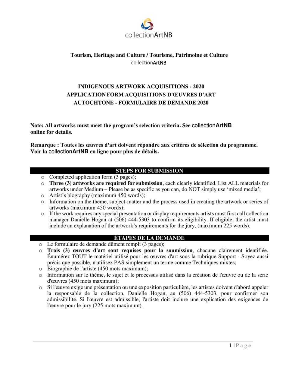 Indigenous Artwork Acquisitions Application Form - New Brunswick, Canada (English / French), Page 1
