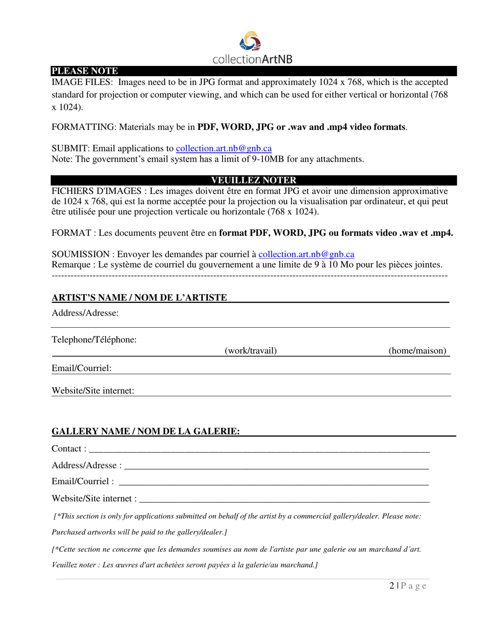 Indigenous Artwork Acquisitions Application Form - New Brunswick, Canada (English / French), Page 2