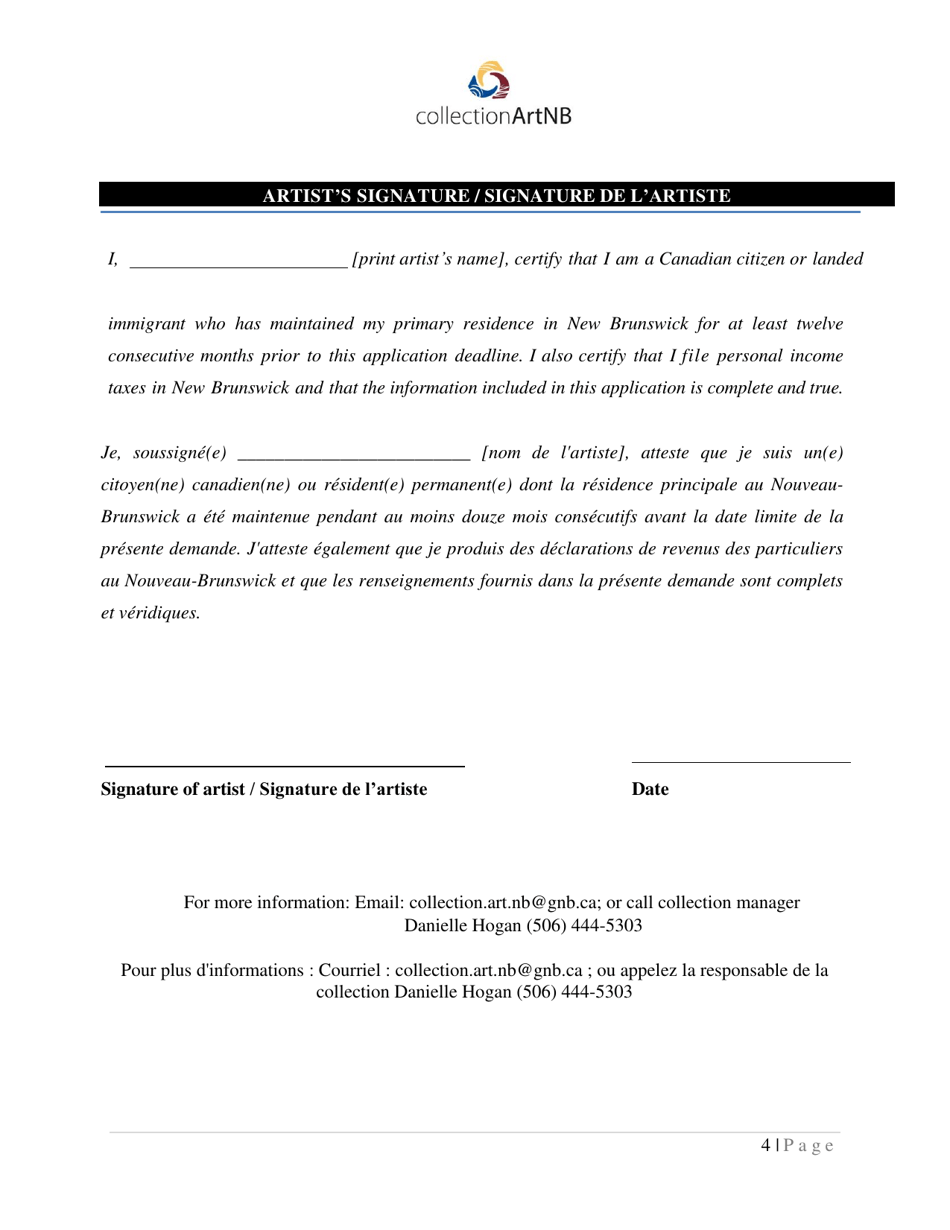 Indigenous Artwork Acquisitions Application Form - New Brunswick, Canada (English / French), Page 4