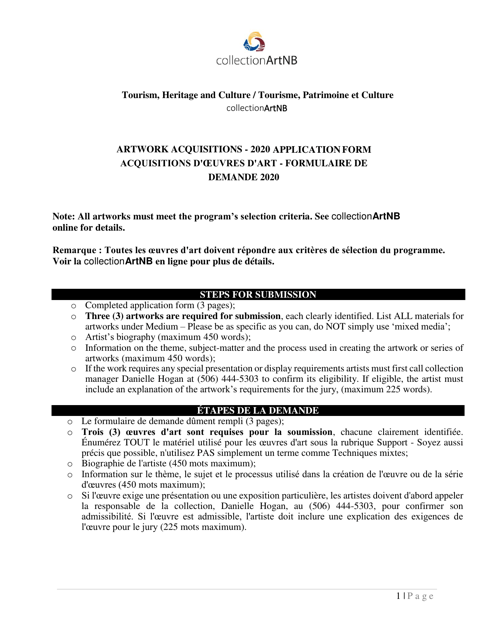 Artwork Acquisitions Application Form - New Brunswick, Canada (English / French) Download Pdf