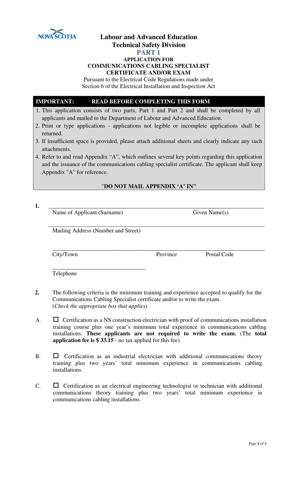 Application for Communications Cabling Specialist Certificate and / or Exam - Nova Scotia, Canada, Page 1