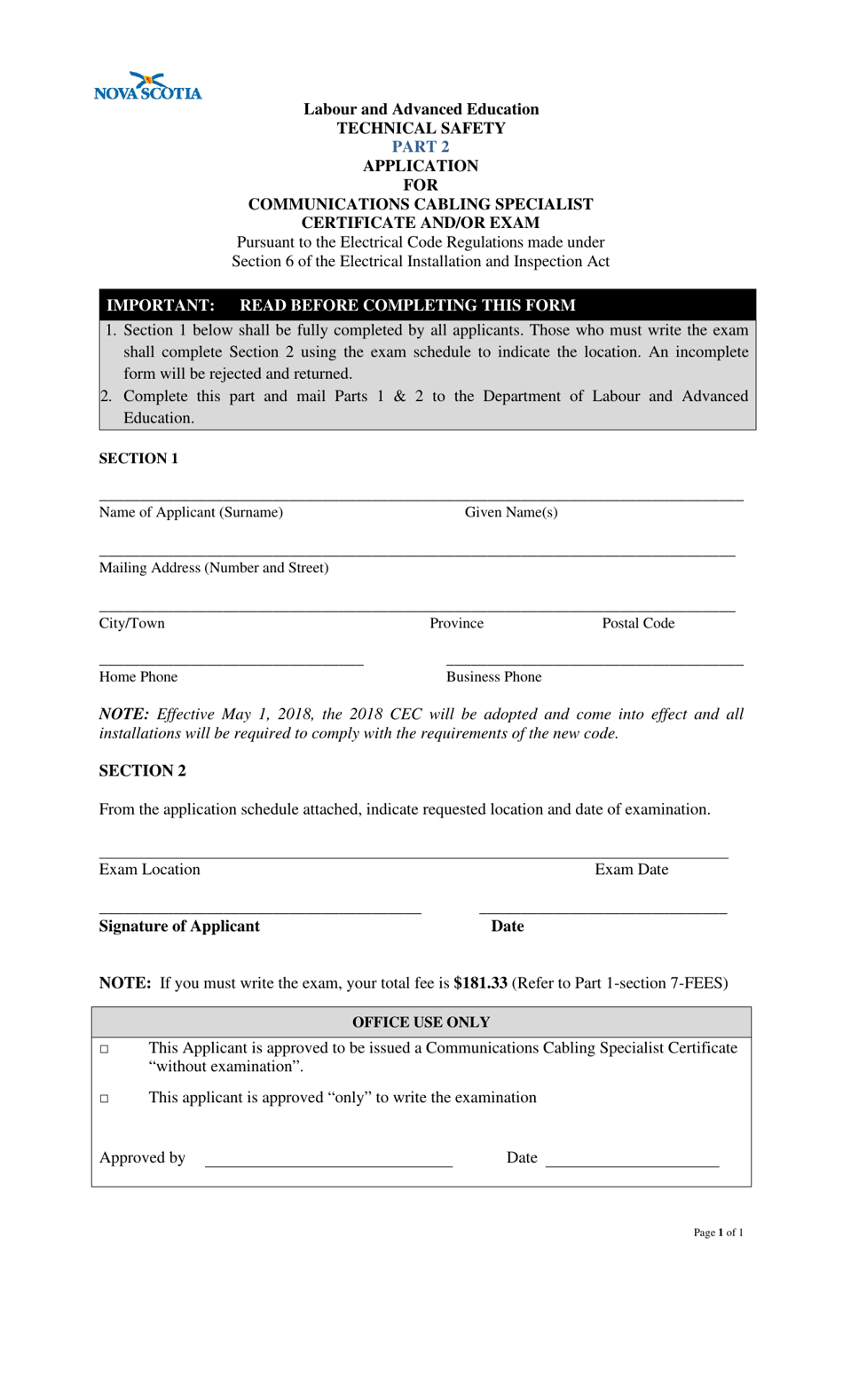Application for Communications Cabling Specialist Certificate and / or Exam - Nova Scotia, Canada, Page 5