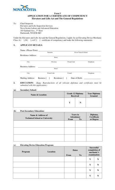 Form 5 Application for a Certificate of Competency - Nova Scotia, Canada