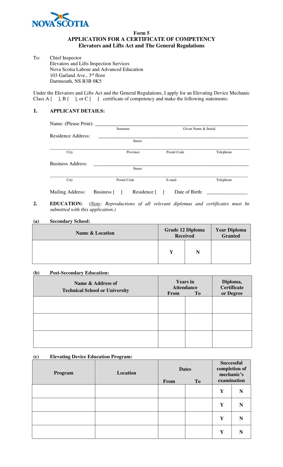 Form 5 Application for a Certificate of Competency - Nova Scotia, Canada, Page 1