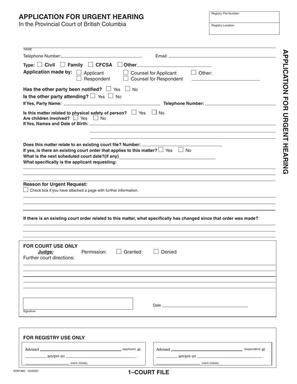 Form ADM880 Application for Urgent Hearing - British Columbia, Canada, Page 1