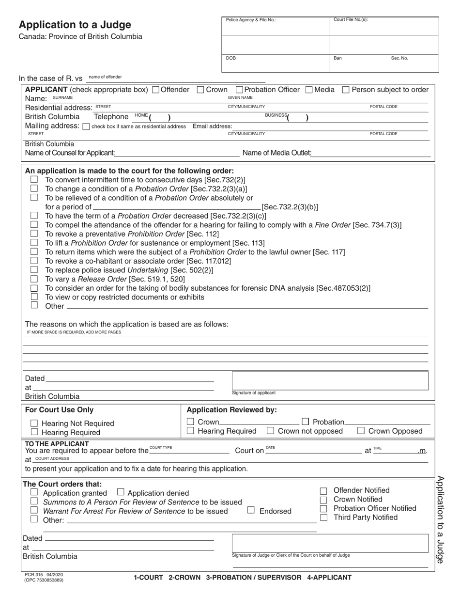 Form PCR315 Application to a Judge - British Columbia, Canada, Page 1