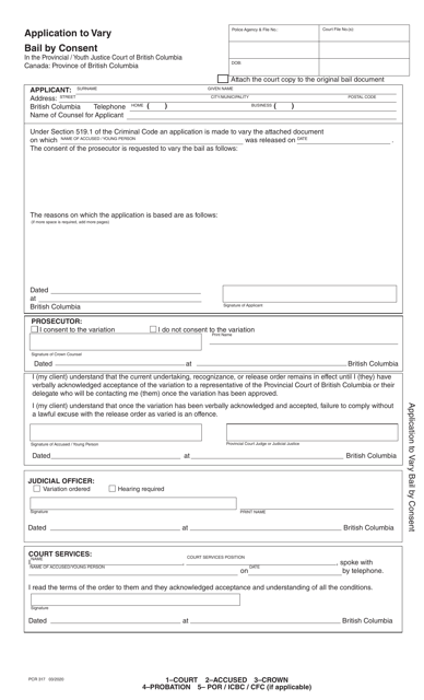Form PCR317 Application to Vary Bail by Consent - British Columbia, Canada