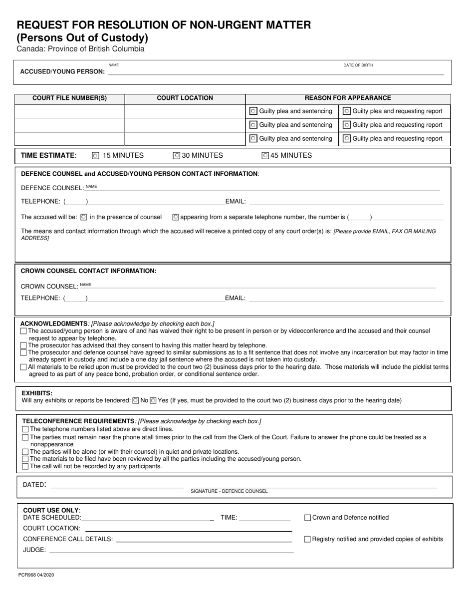 Form PCR968 Request for Resolution of Non-urgent Matter (Persons out of Custody) - British Columbia, Canada, Page 1