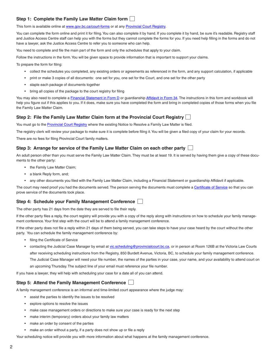 Form C (PFA712) Family Law Matter Claim - British Columbia, Canada, Page 2
