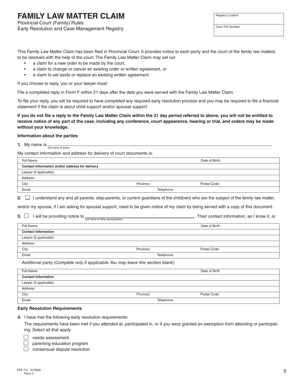 Form C (PFA712) Family Law Matter Claim - British Columbia, Canada, Page 5