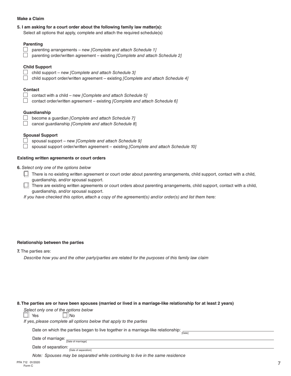 Form C (PFA712) Family Law Matter Claim - British Columbia, Canada, Page 7