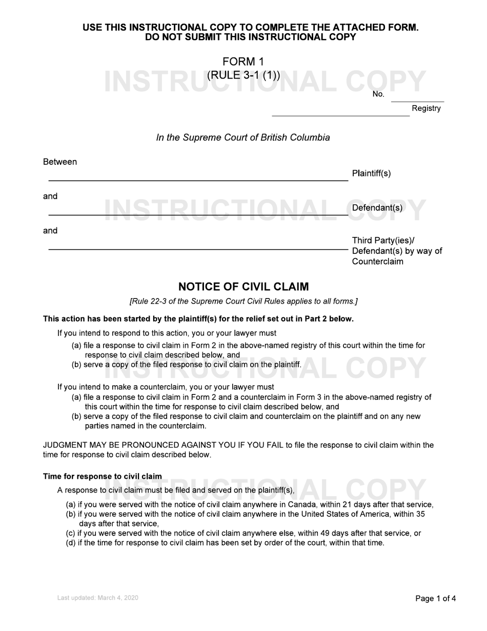 Form 1 Notice of Civil Claim - British Columbia, Canada, Page 1