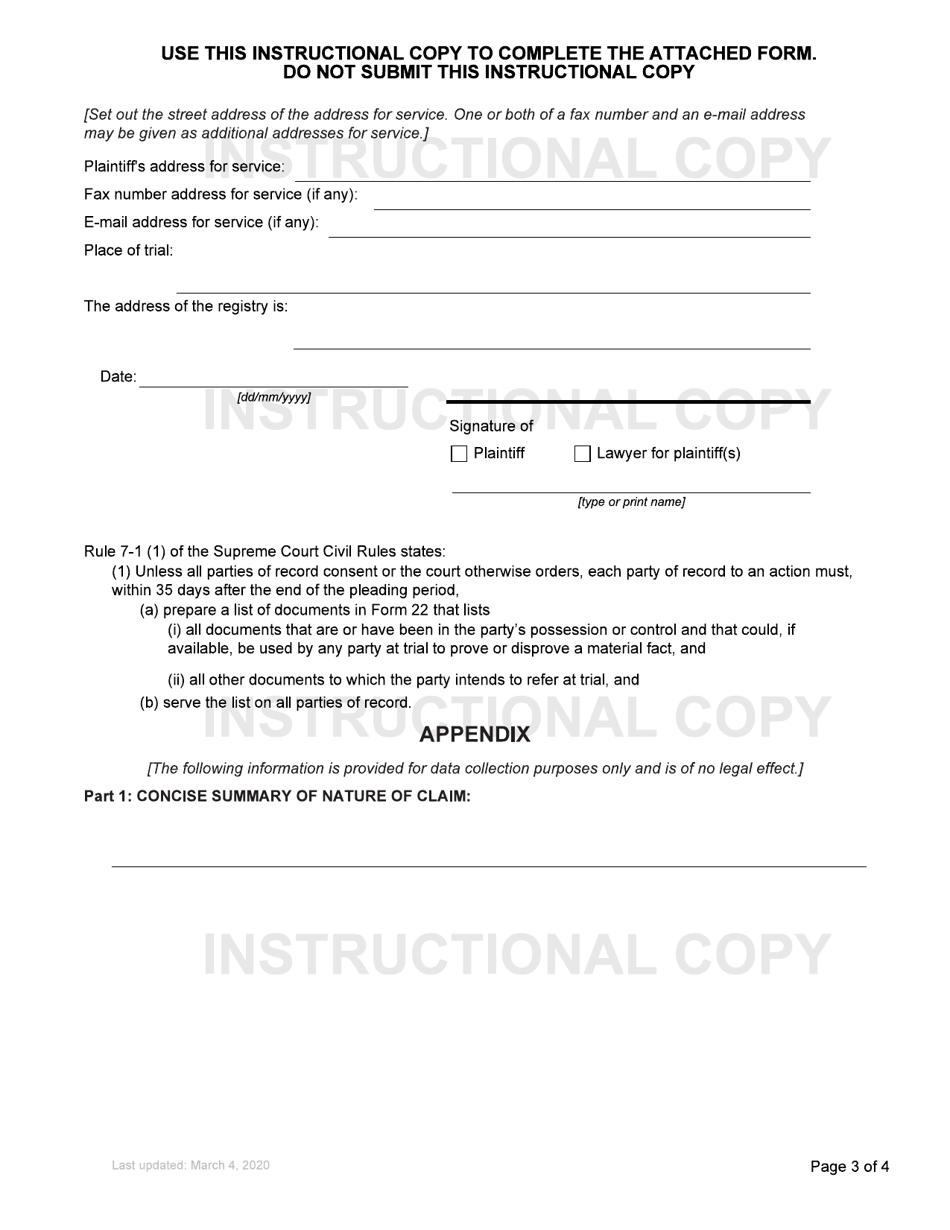 Form 1 Notice of Civil Claim - British Columbia, Canada, Page 3