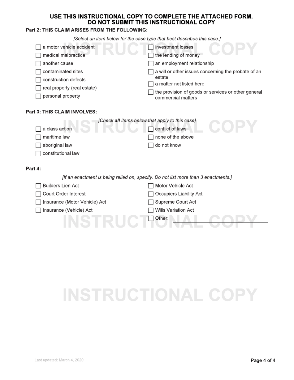 Form 1 Notice of Civil Claim - British Columbia, Canada, Page 4