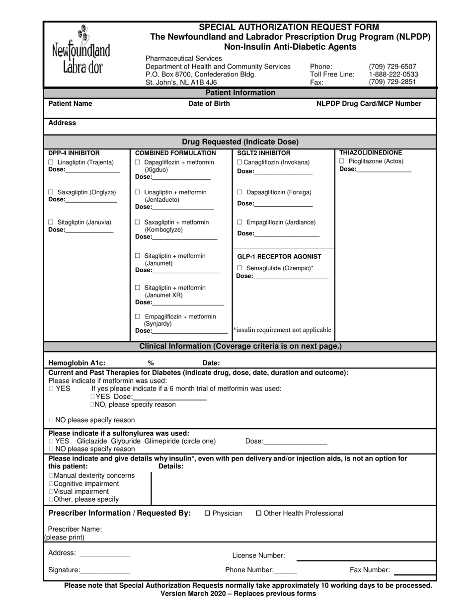 Special Authorization Request Form - Non-insulin Anti-diabetic Agents - Newfoundland and Labrador, Canada, Page 1