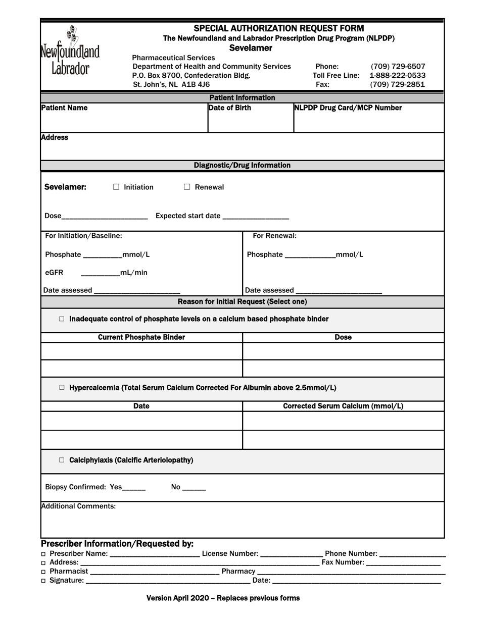 Special Authorization Request Form - Sevelamer - Newfoundland and Labrador, Canada, Page 1