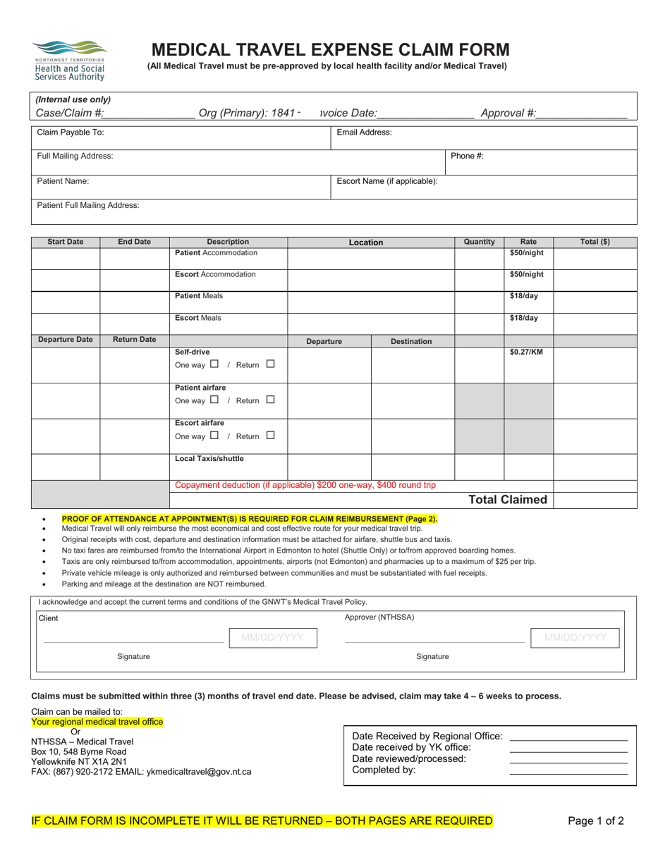Medical Travel Expense Claim Form - Northwest Territories, Canada, Page 1