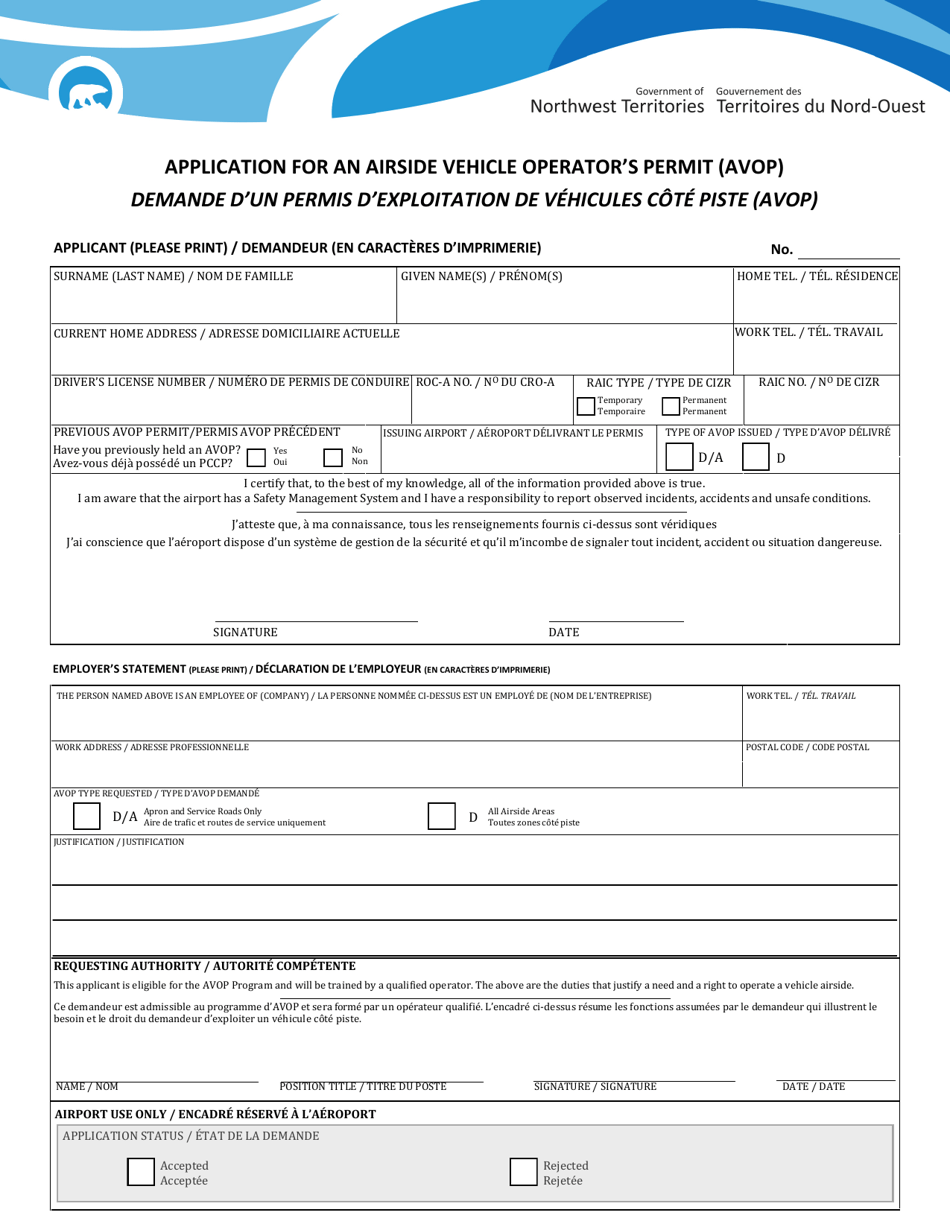 Application for an Airside Vehicle Operators Permit (Avop) - Northwest Territories, Canada (English / French), Page 1