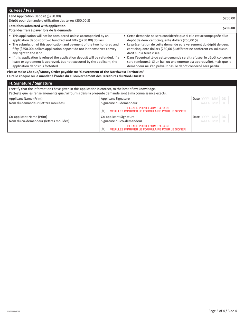 Form NWT9088 Application for Commissioners Land - Northwest Territories, Canada (English / French), Page 3