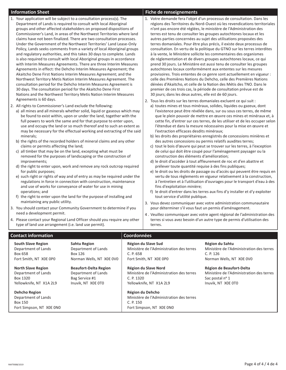 Form NWT9088 Application for Commissioners Land - Northwest Territories, Canada (English / French), Page 4