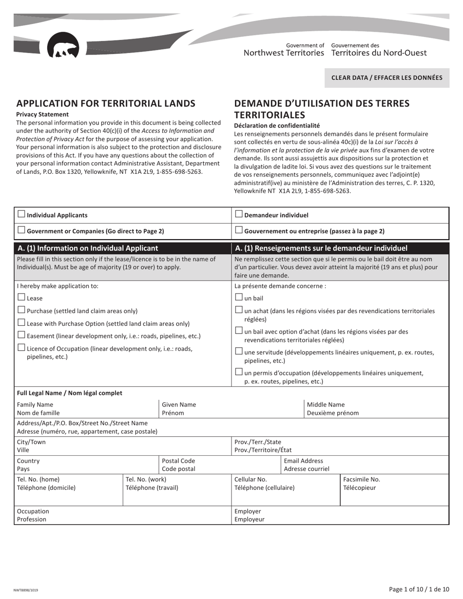 Form NWT8898 Application for Territorial Lands - Northwest Territories, Canada (English / French), Page 1