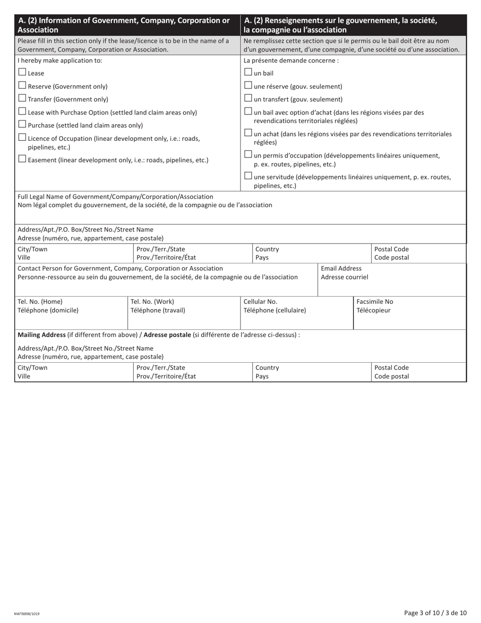 Form NWT8898 Application for Territorial Lands - Northwest Territories, Canada (English / French), Page 3