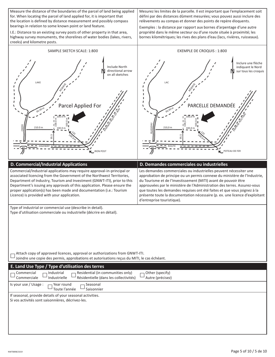 Form NWT8898 Application for Territorial Lands - Northwest Territories, Canada (English / French), Page 5
