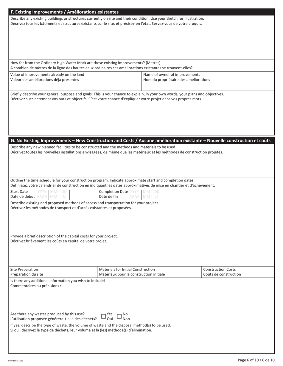 Form NWT8898 Application for Territorial Lands - Northwest Territories, Canada (English / French), Page 6