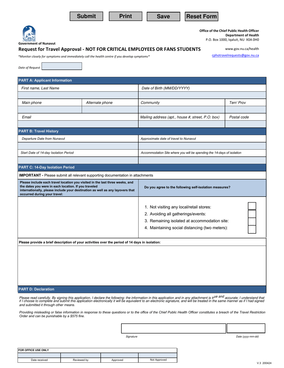 Nunavut Canada Request for Travel Approval Not for Critical Employees or Fans Students Fill