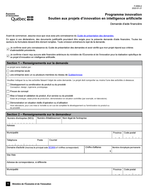 Forme F-0064-2 Formulaire De Demande D'aide Financiere - Soutien Aux Projets D'innovation En Intelligence Artificielle - Quebec, Canada (French)