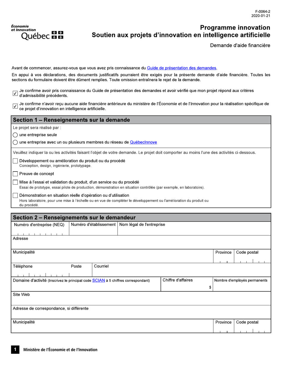 Forme F-0064-2 Formulaire De Demande Daide Financiere - Soutien Aux Projets Dinnovation En Intelligence Artificielle - Quebec, Canada (French), Page 1