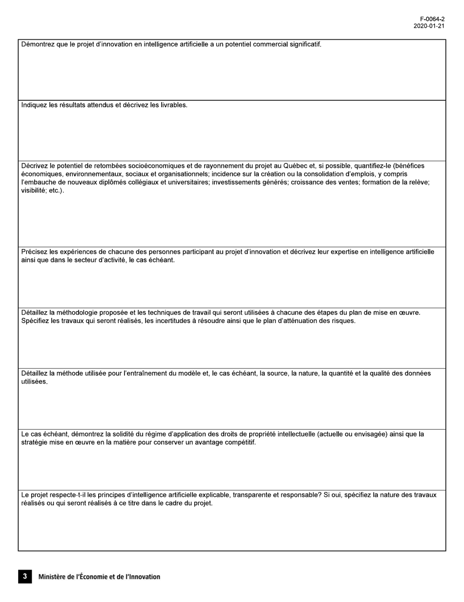 Forme F-0064-2 Formulaire De Demande Daide Financiere - Soutien Aux Projets Dinnovation En Intelligence Artificielle - Quebec, Canada (French), Page 3