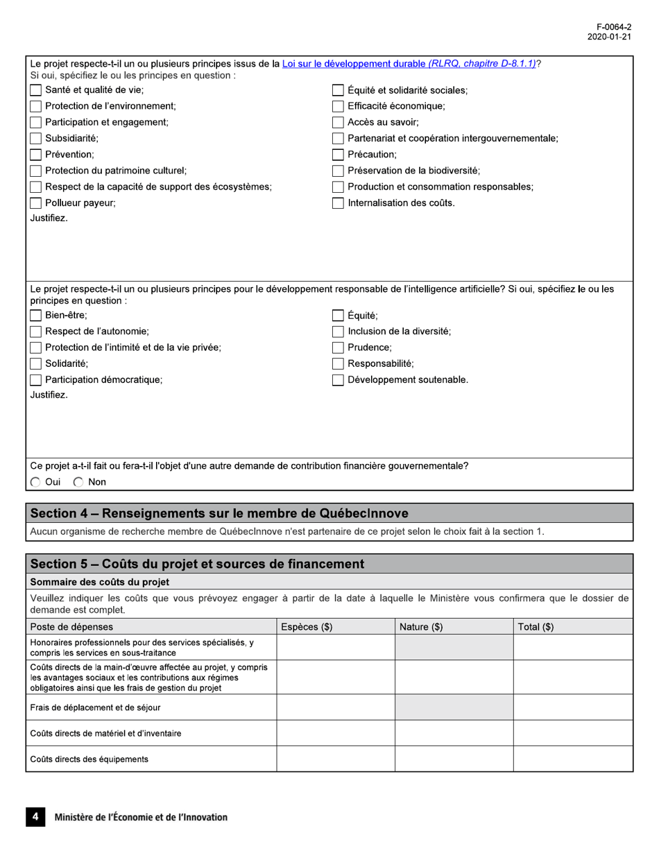 Forme F-0064-2 Formulaire De Demande Daide Financiere - Soutien Aux Projets Dinnovation En Intelligence Artificielle - Quebec, Canada (French), Page 4