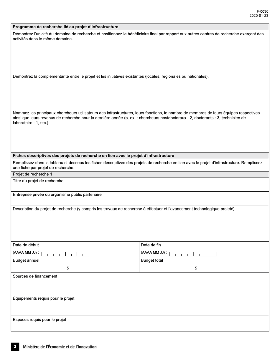 Forme F-0030 Programme De Soutien Aux Organismes De Recherche Et Dinnovation, Volet 4: Soutien Au Financement Dinfrastructures De Recherche Et Dinnovation (Psov4) - Demande Daide Financiere - Quebec, Canada (French), Page 3
