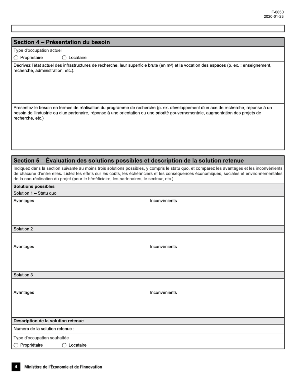 Forme F-0030 Programme De Soutien Aux Organismes De Recherche Et Dinnovation, Volet 4: Soutien Au Financement Dinfrastructures De Recherche Et Dinnovation (Psov4) - Demande Daide Financiere - Quebec, Canada (French), Page 4