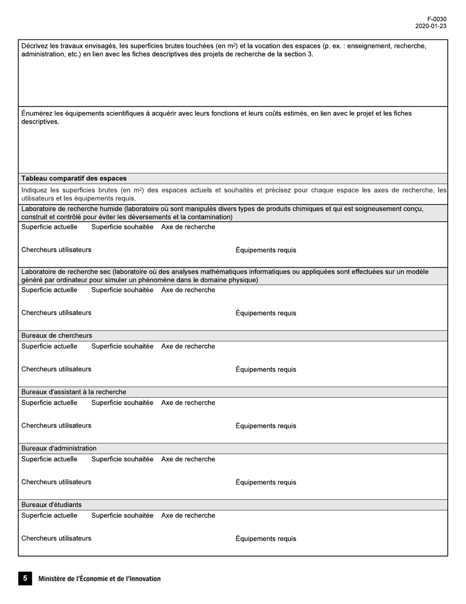 Forme F-0030 Programme De Soutien Aux Organismes De Recherche Et Dinnovation, Volet 4: Soutien Au Financement Dinfrastructures De Recherche Et Dinnovation (Psov4) - Demande Daide Financiere - Quebec, Canada (French), Page 5