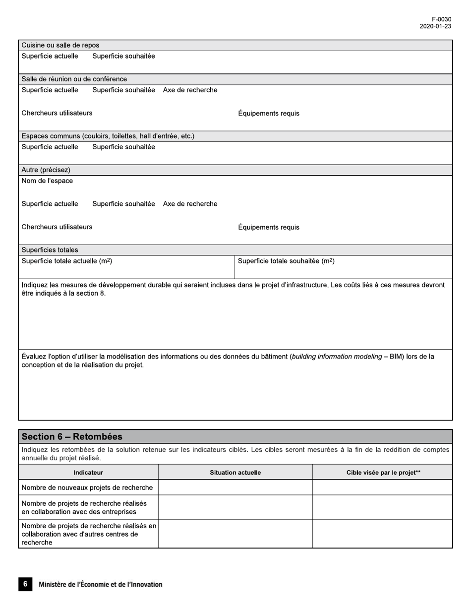 Forme F-0030 Programme De Soutien Aux Organismes De Recherche Et Dinnovation, Volet 4: Soutien Au Financement Dinfrastructures De Recherche Et Dinnovation (Psov4) - Demande Daide Financiere - Quebec, Canada (French), Page 6