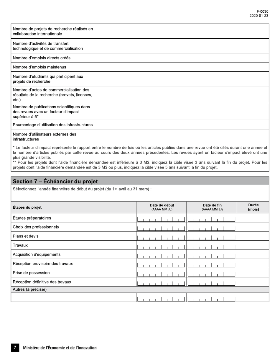 Forme F-0030 Programme De Soutien Aux Organismes De Recherche Et Dinnovation, Volet 4: Soutien Au Financement Dinfrastructures De Recherche Et Dinnovation (Psov4) - Demande Daide Financiere - Quebec, Canada (French), Page 7