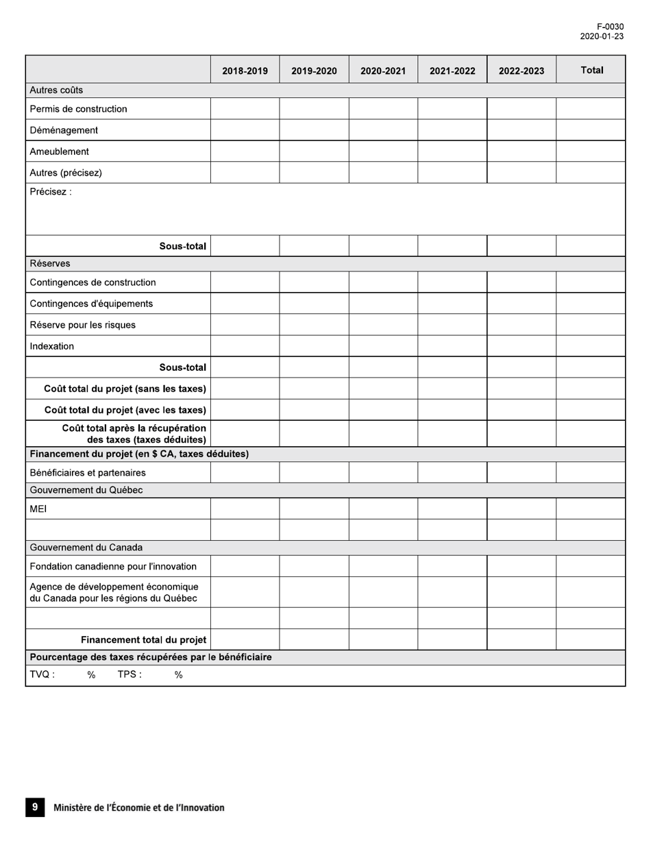 Forme F-0030 Programme De Soutien Aux Organismes De Recherche Et Dinnovation, Volet 4: Soutien Au Financement Dinfrastructures De Recherche Et Dinnovation (Psov4) - Demande Daide Financiere - Quebec, Canada (French), Page 9