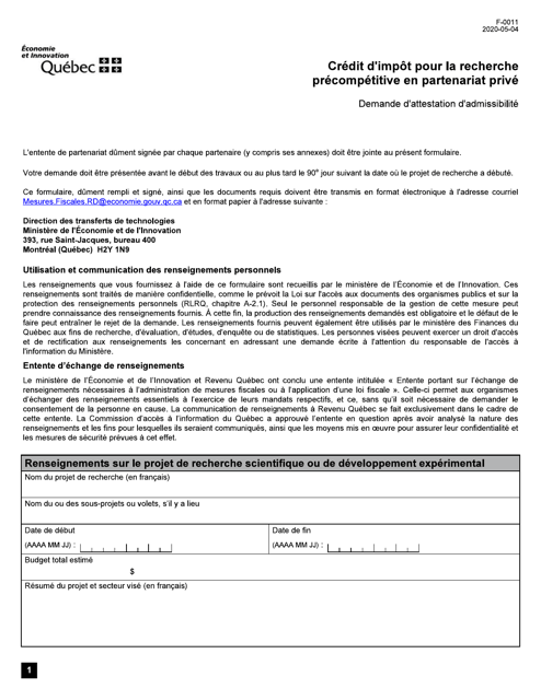 Forme F-0011 Credit D'impot Pour La Recherche Precompetitive En Partenariat Prive - Demande D'attestation D'admissibilite - Quebec, Canada (French)