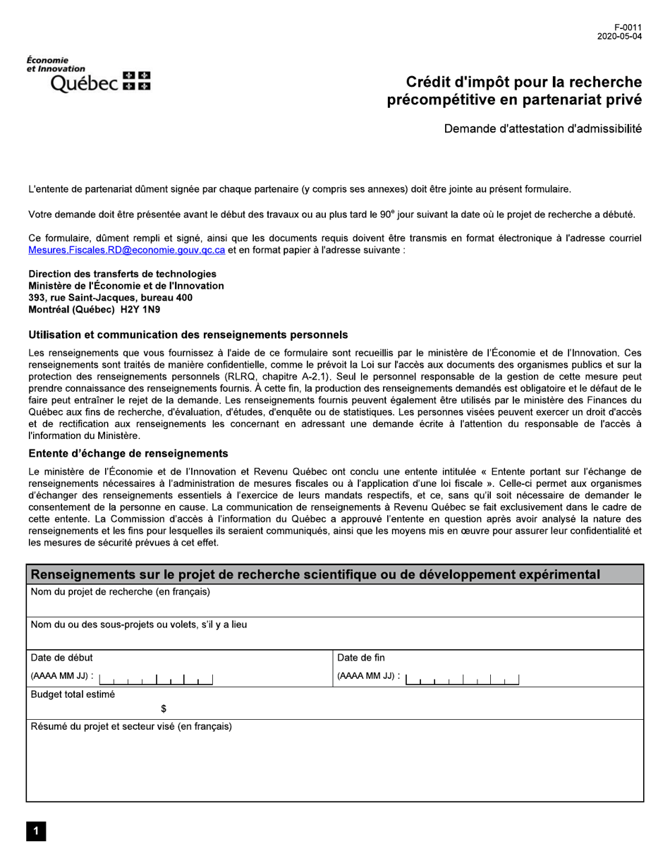 Forme F-0011 Credit Dimpot Pour La Recherche Precompetitive En Partenariat Prive - Demande Dattestation Dadmissibilite - Quebec, Canada (French), Page 1