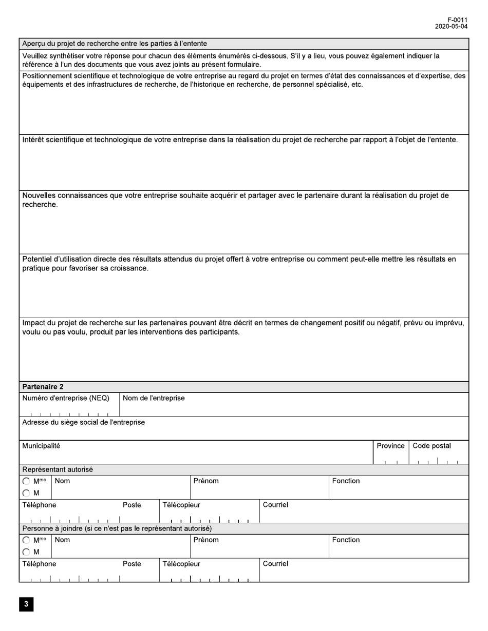 Forme F-0011 Credit Dimpot Pour La Recherche Precompetitive En Partenariat Prive - Demande Dattestation Dadmissibilite - Quebec, Canada (French), Page 3