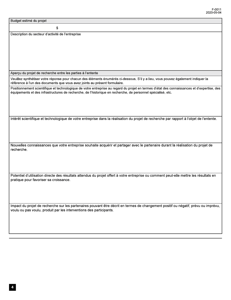 Forme F-0011 Credit Dimpot Pour La Recherche Precompetitive En Partenariat Prive - Demande Dattestation Dadmissibilite - Quebec, Canada (French), Page 4