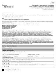 Document preview: Forme F-0012 Demande D'attestation D'entreprise - Conge D'impot Sur Le Revenu Pour Une Societe Dediee a La Commercialisation D'une Propriete Intellectuelle - Quebec, Canada (French)