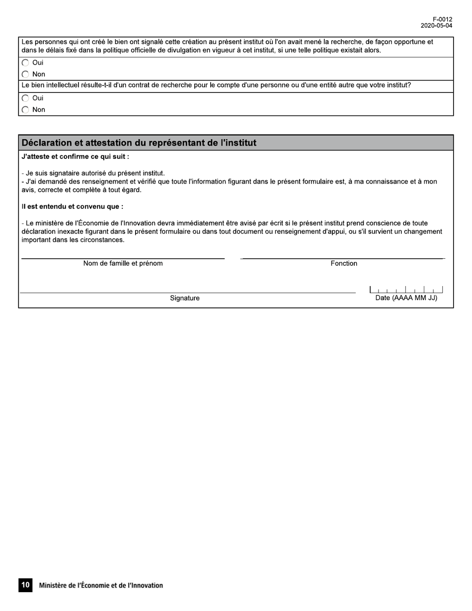 Forme F-0012 Demande Dattestation Dentreprise - Conge Dimpot Sur Le Revenu Pour Une Societe Dediee a La Commercialisation Dune Propriete Intellectuelle - Quebec, Canada (French), Page 10