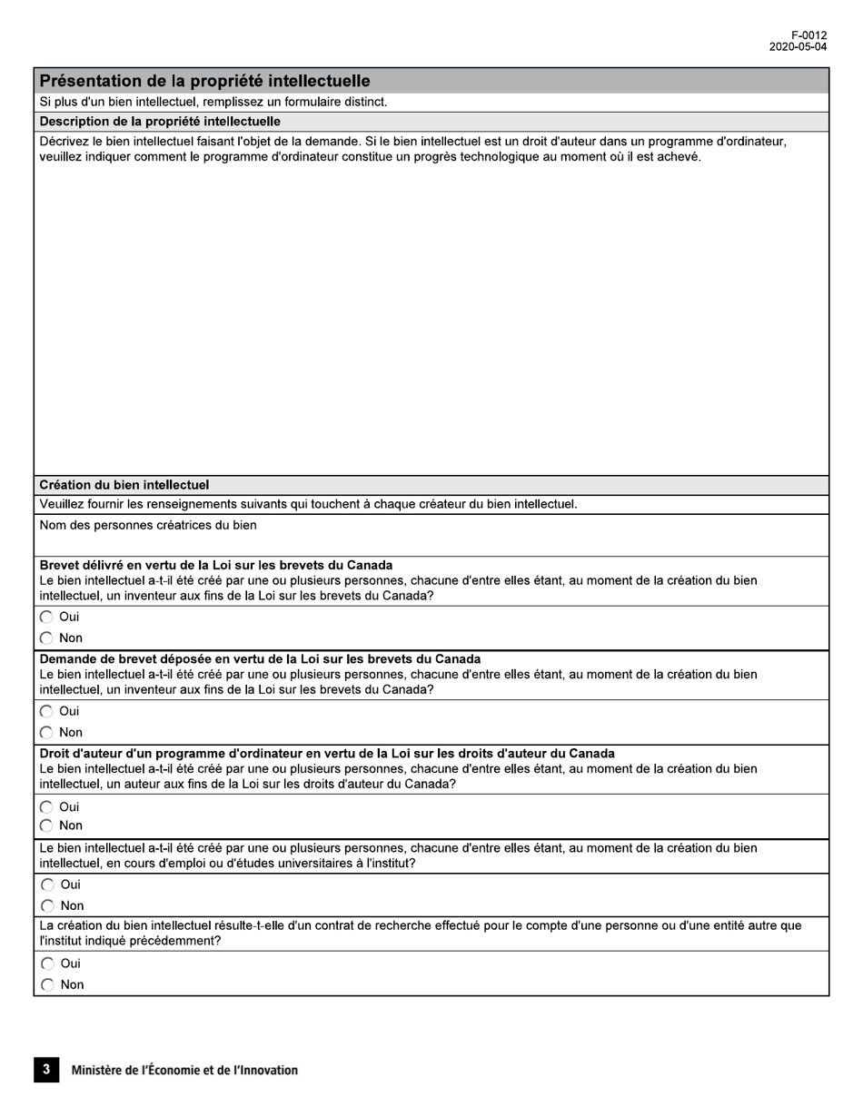 Forme F-0012 Demande Dattestation Dentreprise - Conge Dimpot Sur Le Revenu Pour Une Societe Dediee a La Commercialisation Dune Propriete Intellectuelle - Quebec, Canada (French), Page 3