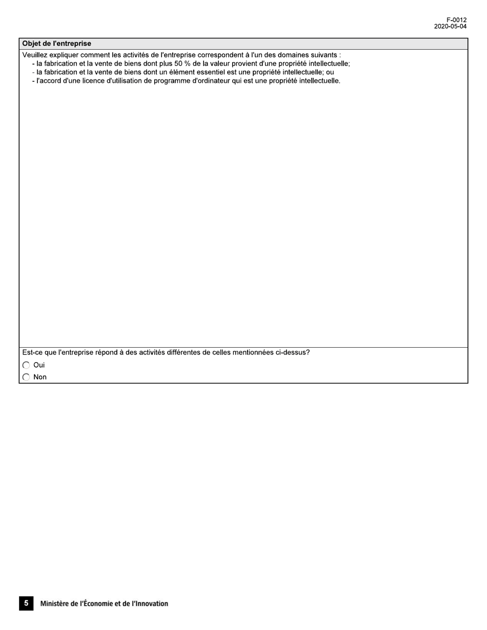 Forme F-0012 Demande Dattestation Dentreprise - Conge Dimpot Sur Le Revenu Pour Une Societe Dediee a La Commercialisation Dune Propriete Intellectuelle - Quebec, Canada (French), Page 5